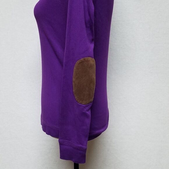 RALPH Lauren Purple Brown Faux Suede Elbow Patch Shoulder Zip Long Sleeve Top - Picture 9 of 13